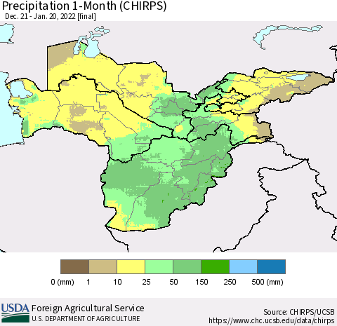 Central Asia Precipitation 1-Month (CHIRPS) Thematic Map For 12/21/2021 - 1/20/2022