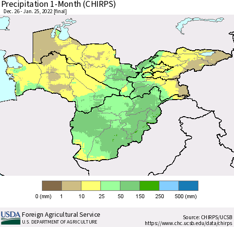 Central Asia Precipitation 1-Month (CHIRPS) Thematic Map For 12/26/2021 - 1/25/2022