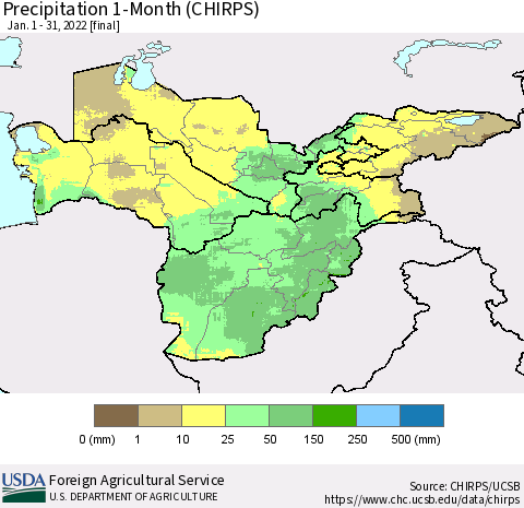 Central Asia Precipitation 1-Month (CHIRPS) Thematic Map For 1/1/2022 - 1/31/2022