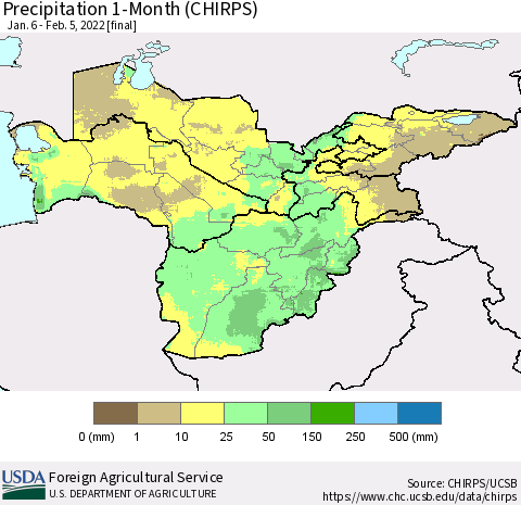 Central Asia Precipitation 1-Month (CHIRPS) Thematic Map For 1/6/2022 - 2/5/2022