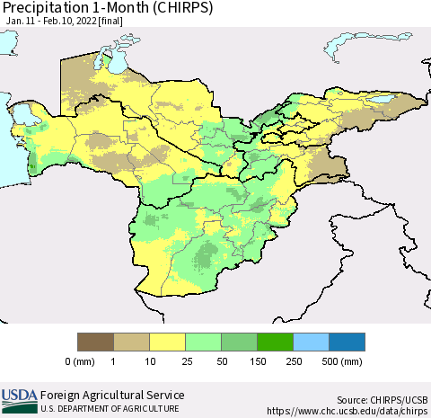 Central Asia Precipitation 1-Month (CHIRPS) Thematic Map For 1/11/2022 - 2/10/2022
