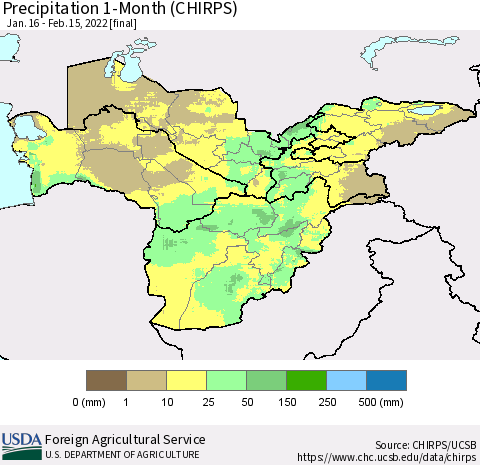 Central Asia Precipitation 1-Month (CHIRPS) Thematic Map For 1/16/2022 - 2/15/2022