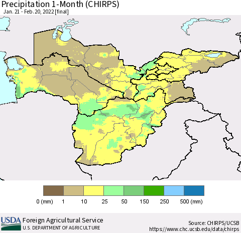 Central Asia Precipitation 1-Month (CHIRPS) Thematic Map For 1/21/2022 - 2/20/2022