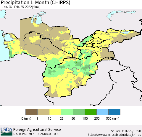 Central Asia Precipitation 1-Month (CHIRPS) Thematic Map For 1/26/2022 - 2/25/2022