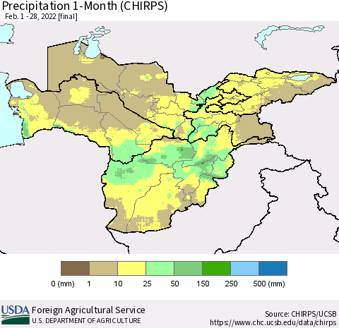 Central Asia Precipitation 1-Month (CHIRPS) Thematic Map For 2/1/2022 - 2/28/2022
