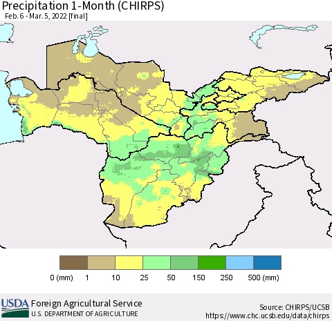 Central Asia Precipitation 1-Month (CHIRPS) Thematic Map For 2/6/2022 - 3/5/2022
