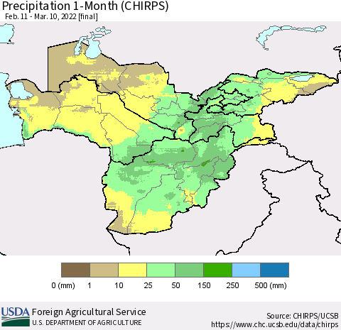 Central Asia Precipitation 1-Month (CHIRPS) Thematic Map For 2/11/2022 - 3/10/2022