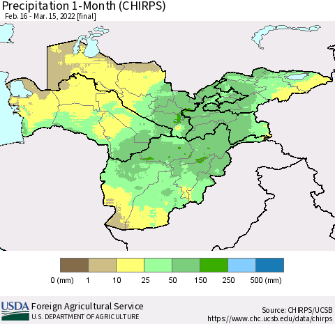 Central Asia Precipitation 1-Month (CHIRPS) Thematic Map For 2/16/2022 - 3/15/2022