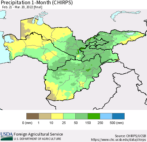 Central Asia Precipitation 1-Month (CHIRPS) Thematic Map For 2/21/2022 - 3/20/2022