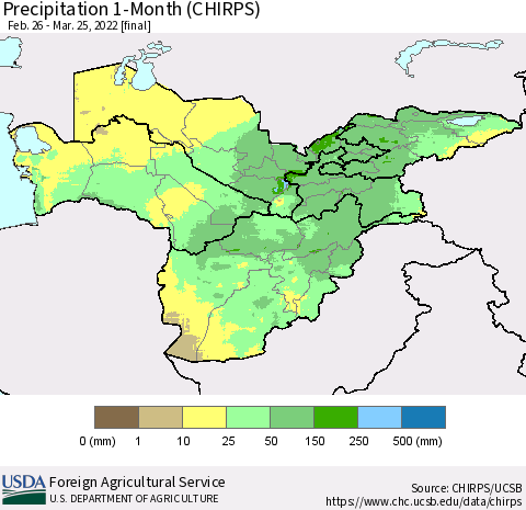 Central Asia Precipitation 1-Month (CHIRPS) Thematic Map For 2/26/2022 - 3/25/2022