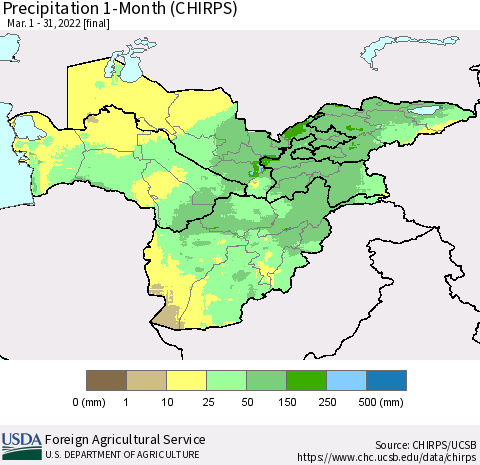 Central Asia Precipitation 1-Month (CHIRPS) Thematic Map For 3/1/2022 - 3/31/2022