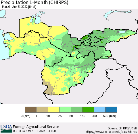 Central Asia Precipitation 1-Month (CHIRPS) Thematic Map For 3/6/2022 - 4/5/2022