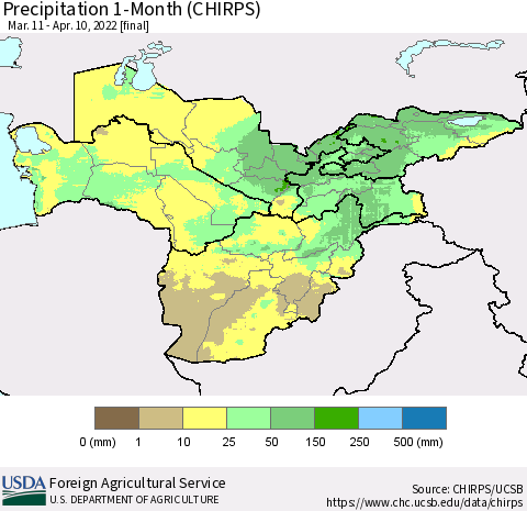 Central Asia Precipitation 1-Month (CHIRPS) Thematic Map For 3/11/2022 - 4/10/2022