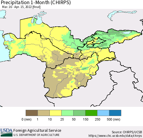 Central Asia Precipitation 1-Month (CHIRPS) Thematic Map For 3/16/2022 - 4/15/2022