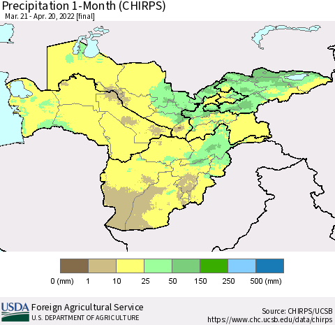 Central Asia Precipitation 1-Month (CHIRPS) Thematic Map For 3/21/2022 - 4/20/2022