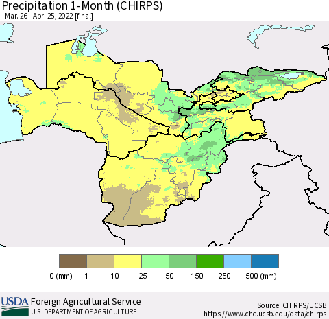 Central Asia Precipitation 1-Month (CHIRPS) Thematic Map For 3/26/2022 - 4/25/2022