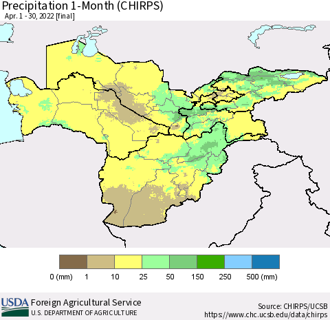 Central Asia Precipitation 1-Month (CHIRPS) Thematic Map For 4/1/2022 - 4/30/2022