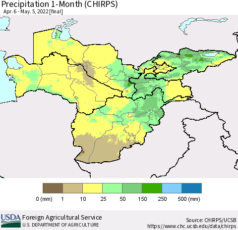 Central Asia Precipitation 1-Month (CHIRPS) Thematic Map For 4/6/2022 - 5/5/2022