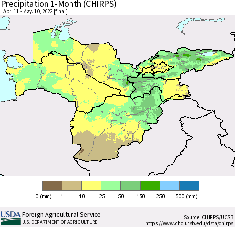 Central Asia Precipitation 1-Month (CHIRPS) Thematic Map For 4/11/2022 - 5/10/2022