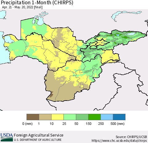 Central Asia Precipitation 1-Month (CHIRPS) Thematic Map For 4/21/2022 - 5/20/2022