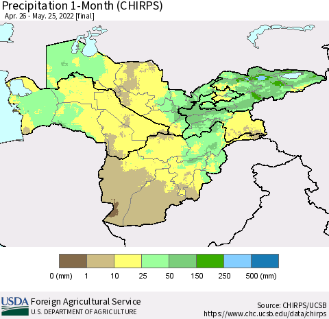 Central Asia Precipitation 1-Month (CHIRPS) Thematic Map For 4/26/2022 - 5/25/2022