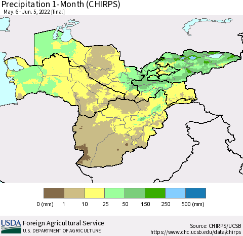 Central Asia Precipitation 1-Month (CHIRPS) Thematic Map For 5/6/2022 - 6/5/2022