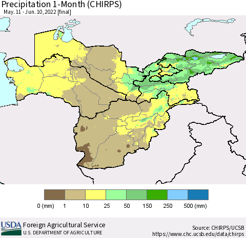 Central Asia Precipitation 1-Month (CHIRPS) Thematic Map For 5/11/2022 - 6/10/2022