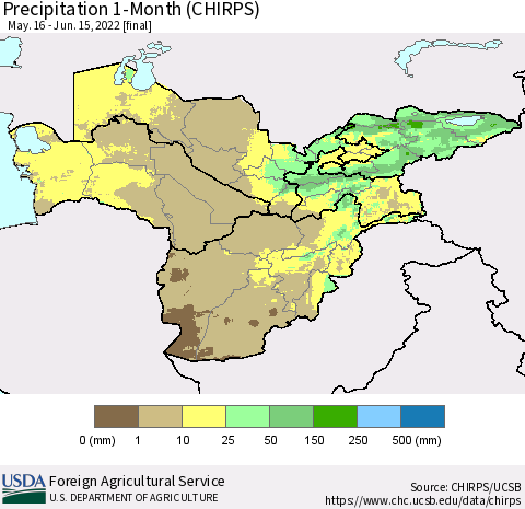 Central Asia Precipitation 1-Month (CHIRPS) Thematic Map For 5/16/2022 - 6/15/2022