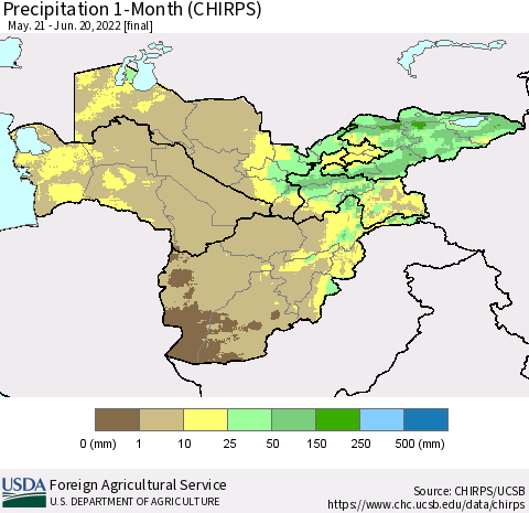 Central Asia Precipitation 1-Month (CHIRPS) Thematic Map For 5/21/2022 - 6/20/2022