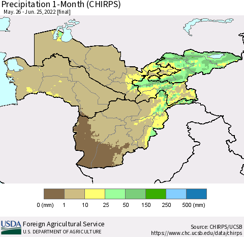Central Asia Precipitation 1-Month (CHIRPS) Thematic Map For 5/26/2022 - 6/25/2022