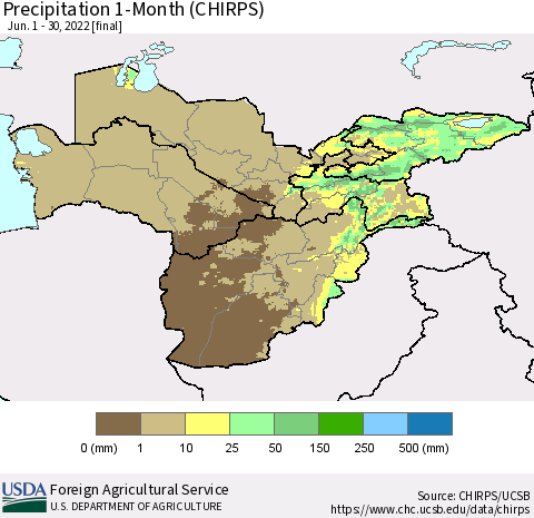 Central Asia Precipitation 1-Month (CHIRPS) Thematic Map For 6/1/2022 - 6/30/2022