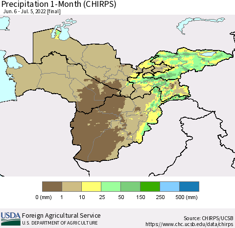 Central Asia Precipitation 1-Month (CHIRPS) Thematic Map For 6/6/2022 - 7/5/2022