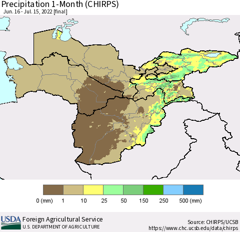 Central Asia Precipitation 1-Month (CHIRPS) Thematic Map For 6/16/2022 - 7/15/2022