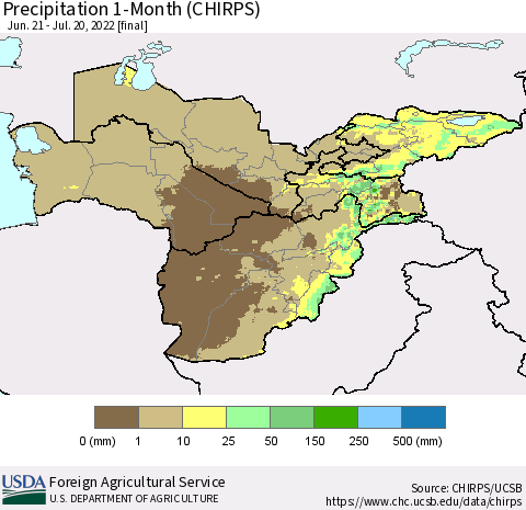 Central Asia Precipitation 1-Month (CHIRPS) Thematic Map For 6/21/2022 - 7/20/2022