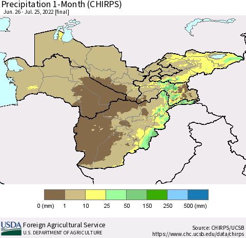 Central Asia Precipitation 1-Month (CHIRPS) Thematic Map For 6/26/2022 - 7/25/2022