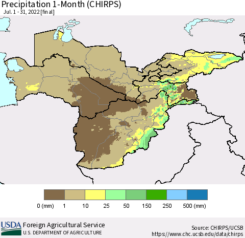 Central Asia Precipitation 1-Month (CHIRPS) Thematic Map For 7/1/2022 - 7/31/2022