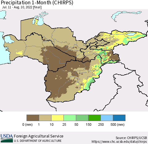 Central Asia Precipitation 1-Month (CHIRPS) Thematic Map For 7/11/2022 - 8/10/2022