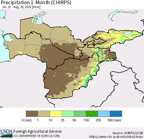 Central Asia Precipitation 1-Month (CHIRPS) Thematic Map For 7/21/2022 - 8/20/2022