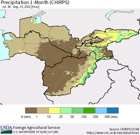 Central Asia Precipitation 1-Month (CHIRPS) Thematic Map For 7/26/2022 - 8/25/2022