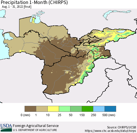 Central Asia Precipitation 1-Month (CHIRPS) Thematic Map For 8/1/2022 - 8/31/2022