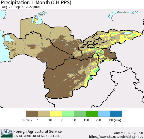 Central Asia Precipitation 1-Month (CHIRPS) Thematic Map For 8/21/2022 - 9/20/2022