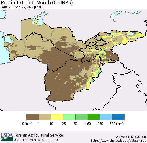 Central Asia Precipitation 1-Month (CHIRPS) Thematic Map For 8/26/2022 - 9/25/2022