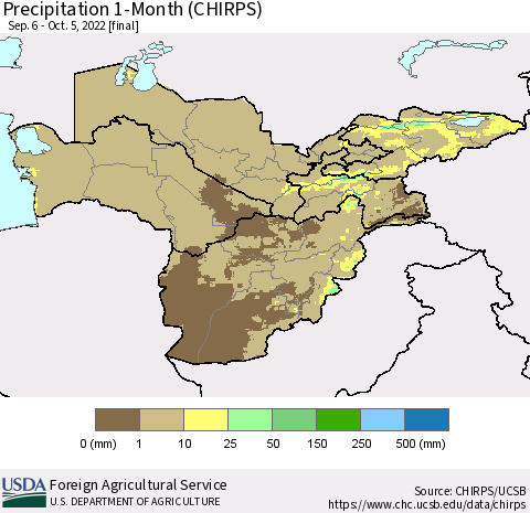 Central Asia Precipitation 1-Month (CHIRPS) Thematic Map For 9/6/2022 - 10/5/2022