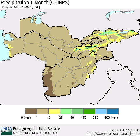Central Asia Precipitation 1-Month (CHIRPS) Thematic Map For 9/16/2022 - 10/15/2022