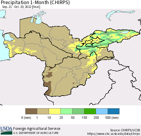 Central Asia Precipitation 1-Month (CHIRPS) Thematic Map For 9/21/2022 - 10/20/2022