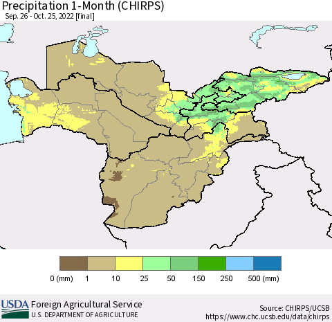 Central Asia Precipitation 1-Month (CHIRPS) Thematic Map For 9/26/2022 - 10/25/2022