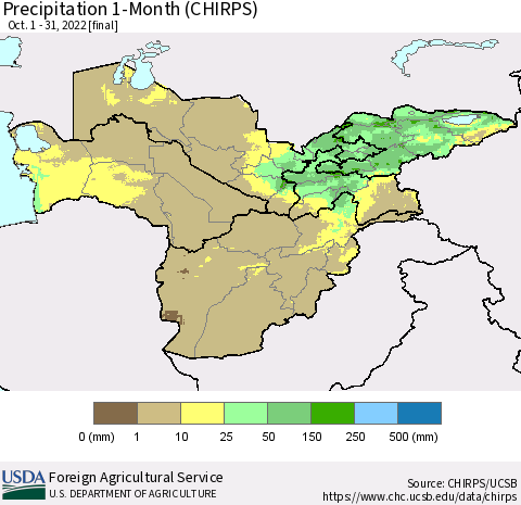 Central Asia Precipitation 1-Month (CHIRPS) Thematic Map For 10/1/2022 - 10/31/2022