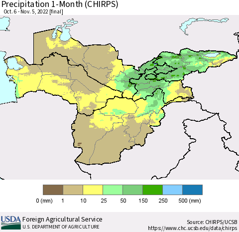 Central Asia Precipitation 1-Month (CHIRPS) Thematic Map For 10/6/2022 - 11/5/2022