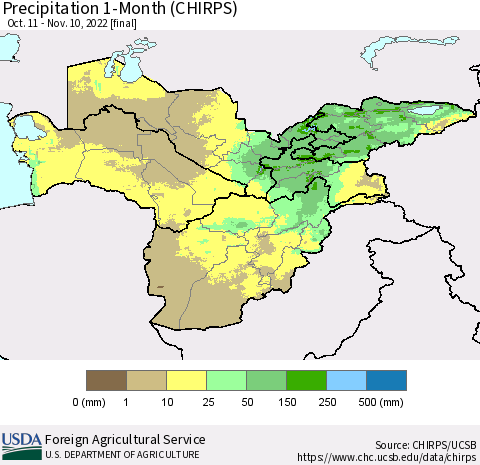 Central Asia Precipitation 1-Month (CHIRPS) Thematic Map For 10/11/2022 - 11/10/2022