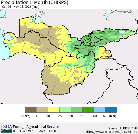 Central Asia Precipitation 1-Month (CHIRPS) Thematic Map For 10/16/2022 - 11/15/2022
